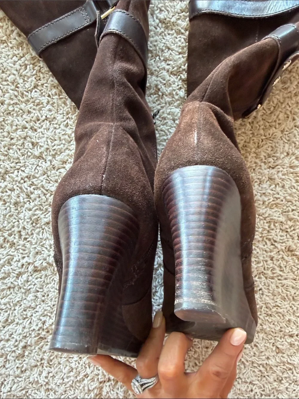ANTONIO MELANI Brown Suede Wedge Knee Boots with Strap Accents